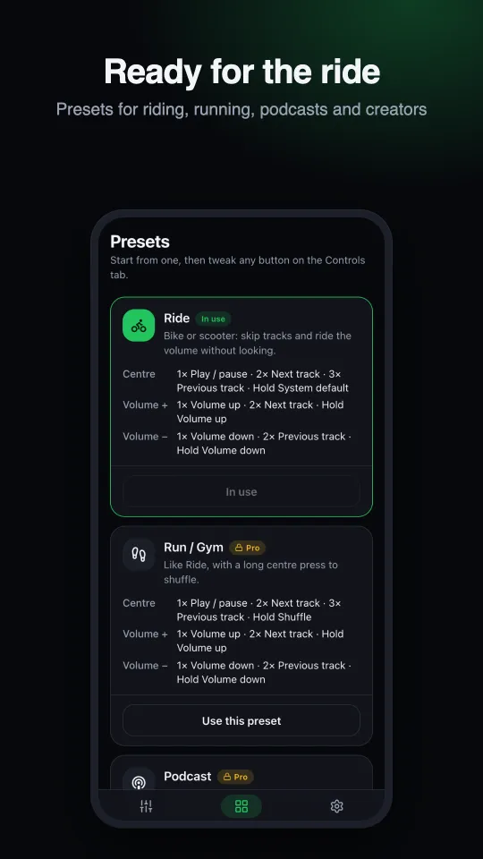 Ready for the ride: the presets screen